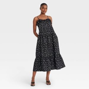SOLD - Who What Wear Tiered Spaghetti Strap Floral Black Midi Dress with Pockets